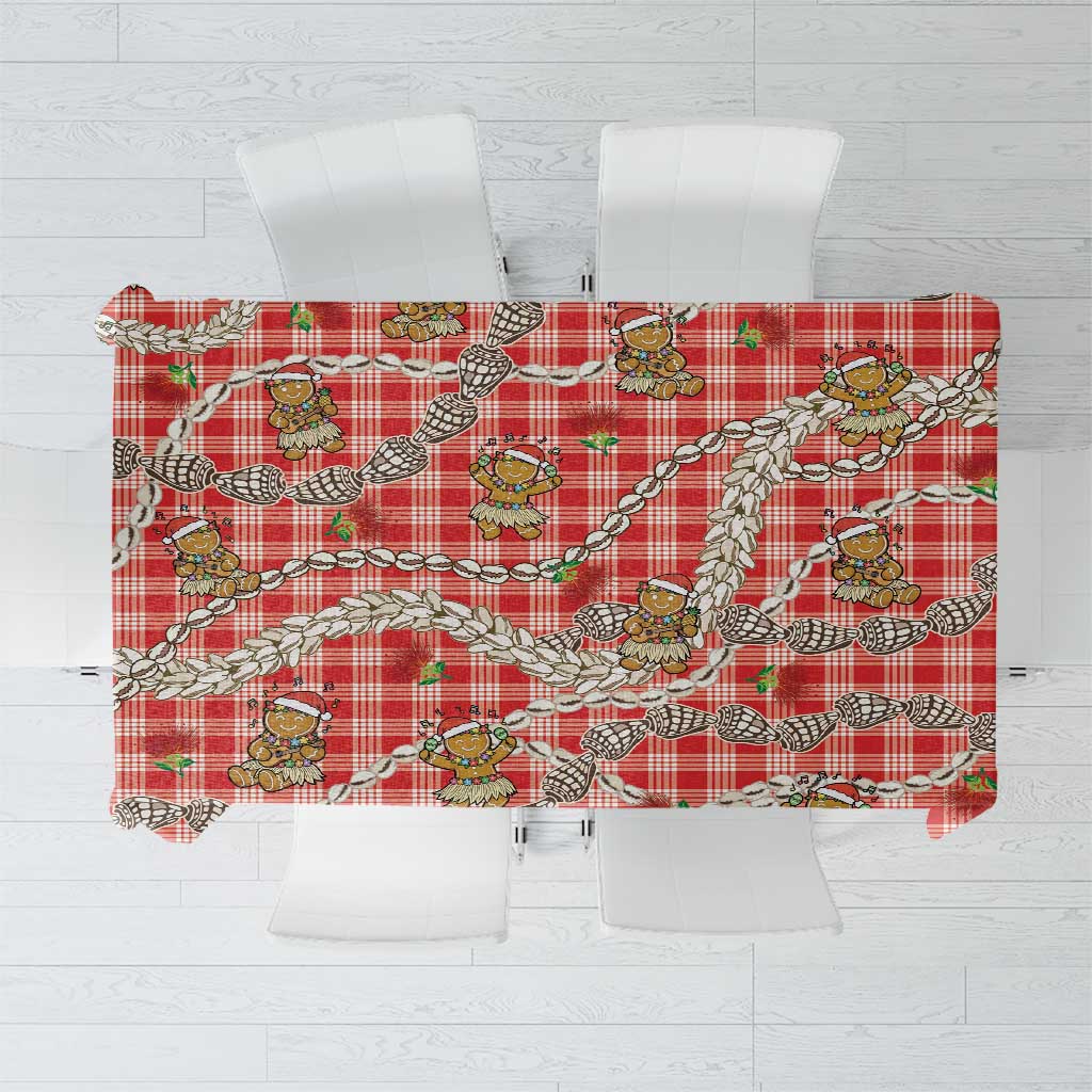 Red Palaka Hawaii Mele Kalikimaka Tablecloth Ohia Lehua Shell Leis Funny Gingerbread Santa - Polynesian Pride