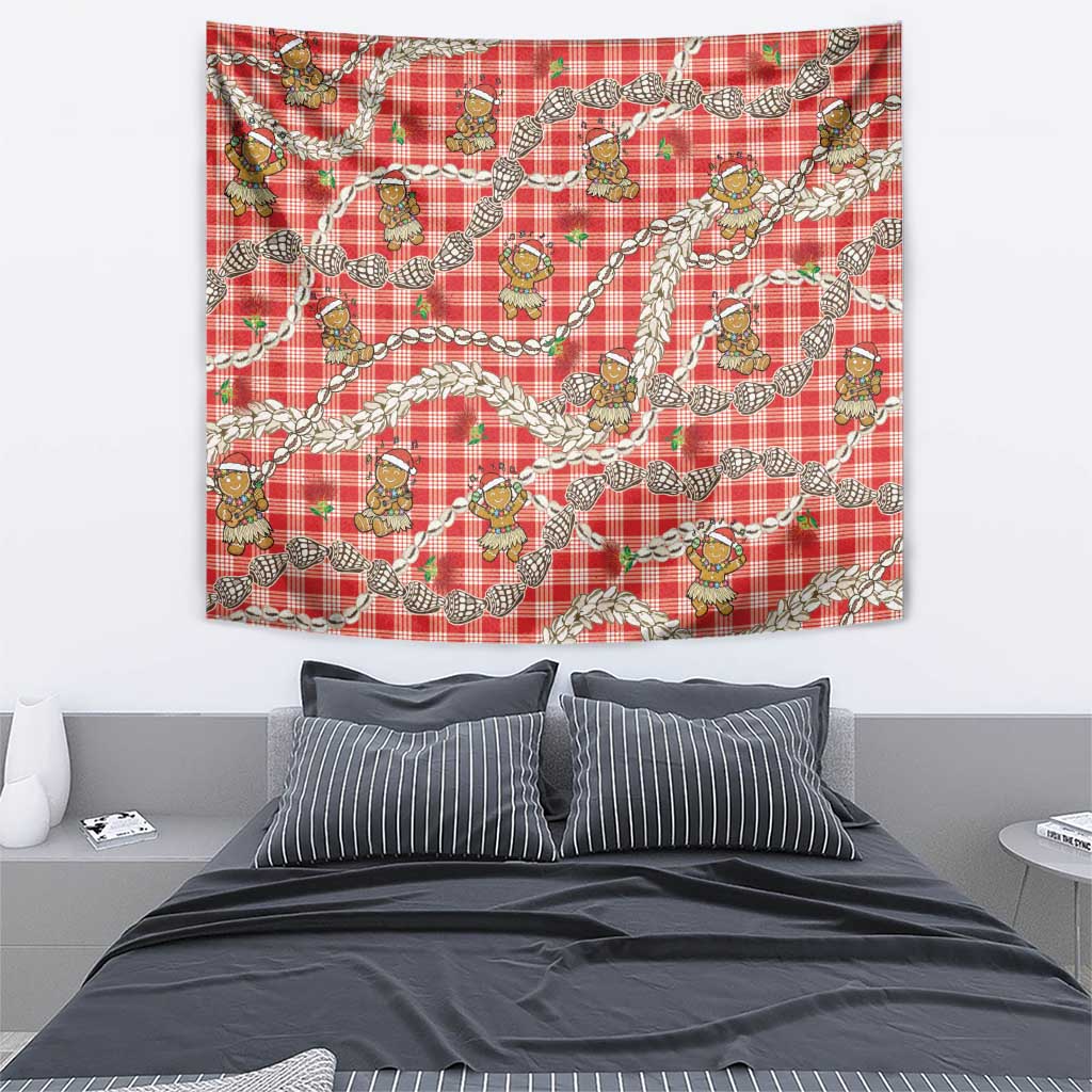 Red Palaka Hawaii Mele Kalikimaka Tapestry Ohia Lehua Shell Leis Funny Gingerbread Santa - Polynesian Pride