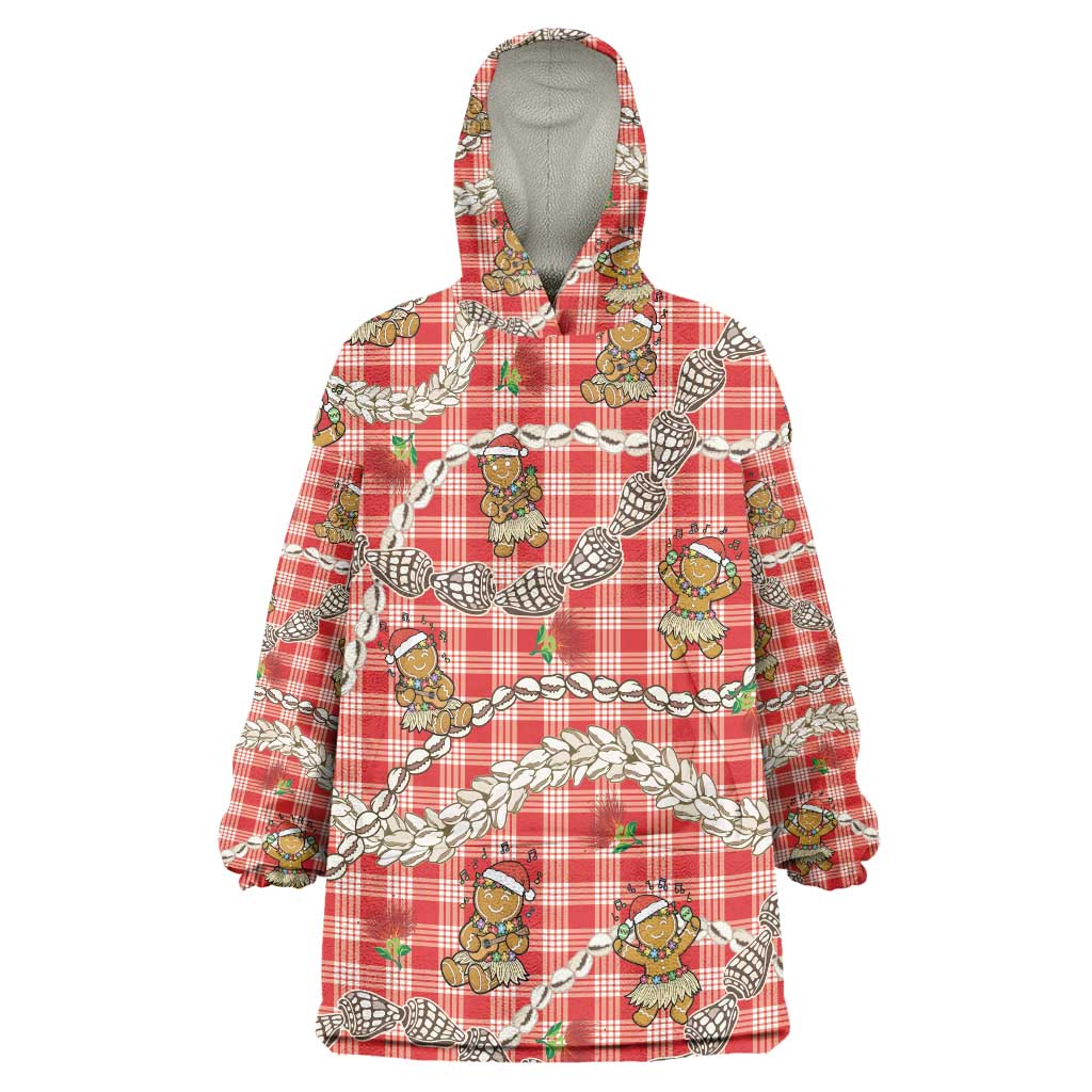 Red Palaka Hawaii Mele Kalikimaka Wearable Blanket Hoodie Ohia Lehua Shell Leis Funny Gingerbread Santa LT14 One Size Red - Polynesian Pride