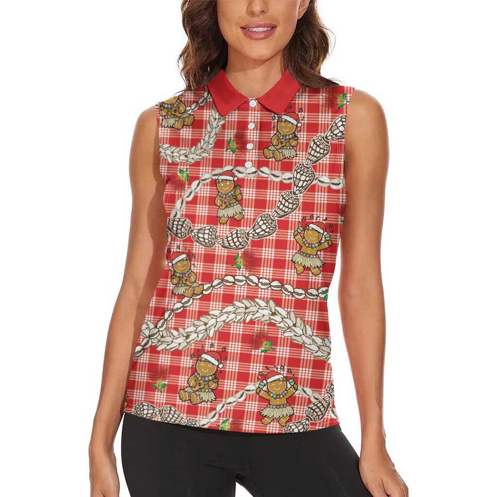 Red Palaka Hawaii Mele Kalikimaka Women Sleeveless Polo Shirt Ohia Lehua Shell Leis Funny Gingerbread Santa - Polynesian Pride