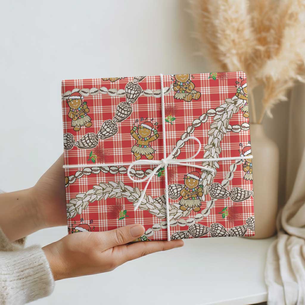 Red Palaka Hawaii Mele Kalikimaka Wrapping Paper Ohia Lehua Shell Leis Funny Gingerbread Santa - Polynesian Pride
