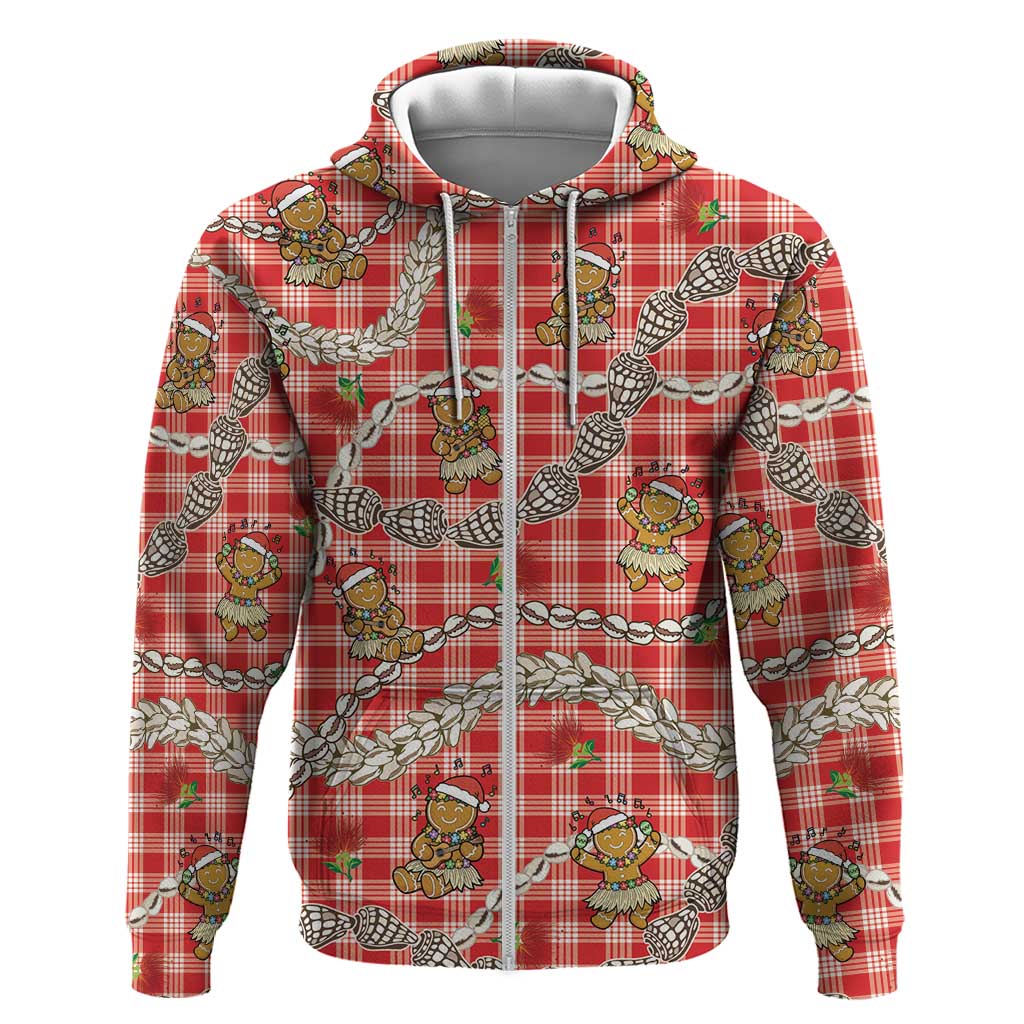 Red Palaka Hawaii Mele Kalikimaka Zip Hoodie Ohia Lehua Shell Leis Funny Gingerbread Santa - Polynesian Pride