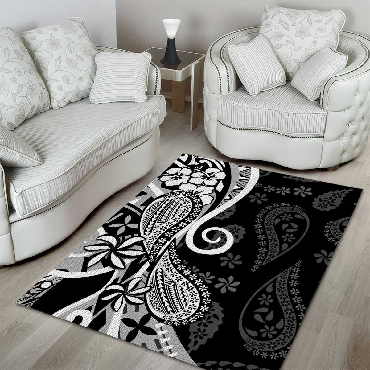 Black Polynesia Paisley Area Rug Polynesian With Tropical Flowers LT14 - Polynesian Pride