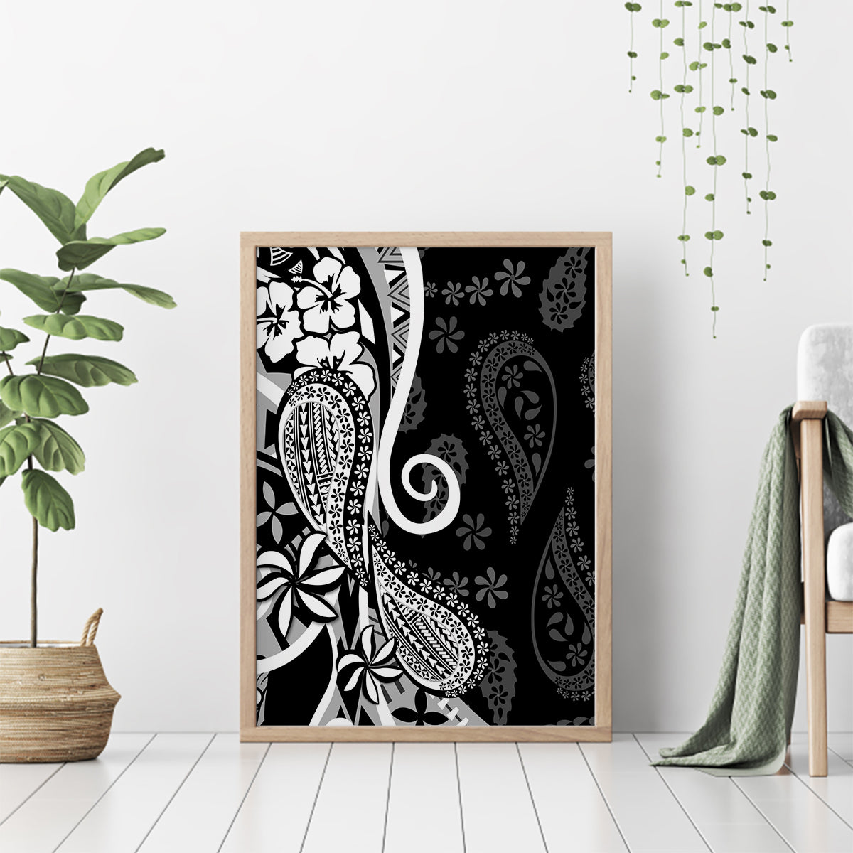 Black Polynesia Paisley Canvas Wall Art Polynesian With Tropical Flowers LT14 - Polynesian Pride