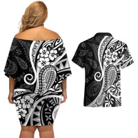 Black Polynesia Paisley Couples Matching Off Shoulder Short Dress and Hawaiian Shirt Polynesian With Tropical Flowers LT14 - Polynesian Pride