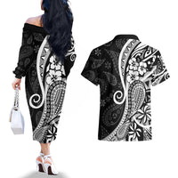Black Polynesia Paisley Couples Matching Off The Shoulder Long Sleeve Dress and Hawaiian Shirt Polynesian With Tropical Flowers LT14 - Polynesian Pride