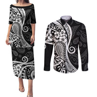 Black Polynesia Paisley Couples Matching Puletasi Dress and Long Sleeve Button Shirt Polynesian With Tropical Flowers LT14 Black - Polynesian Pride