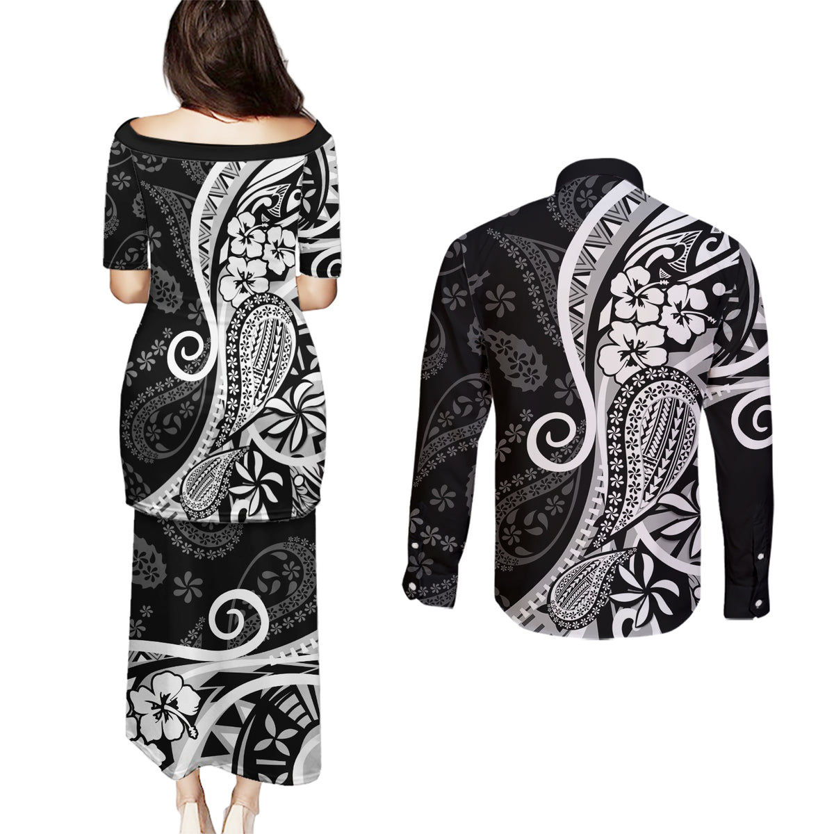 Black Polynesia Paisley Couples Matching Puletasi Dress and Long Sleeve Button Shirt Polynesian With Tropical Flowers LT14 - Polynesian Pride