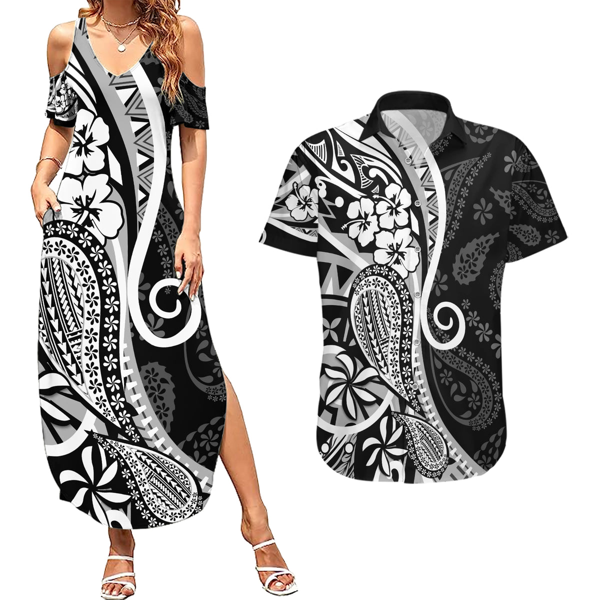 Black Polynesia Paisley Couples Matching Summer Maxi Dress and Hawaiian Shirt Polynesian With Tropical Flowers LT14 Black - Polynesian Pride