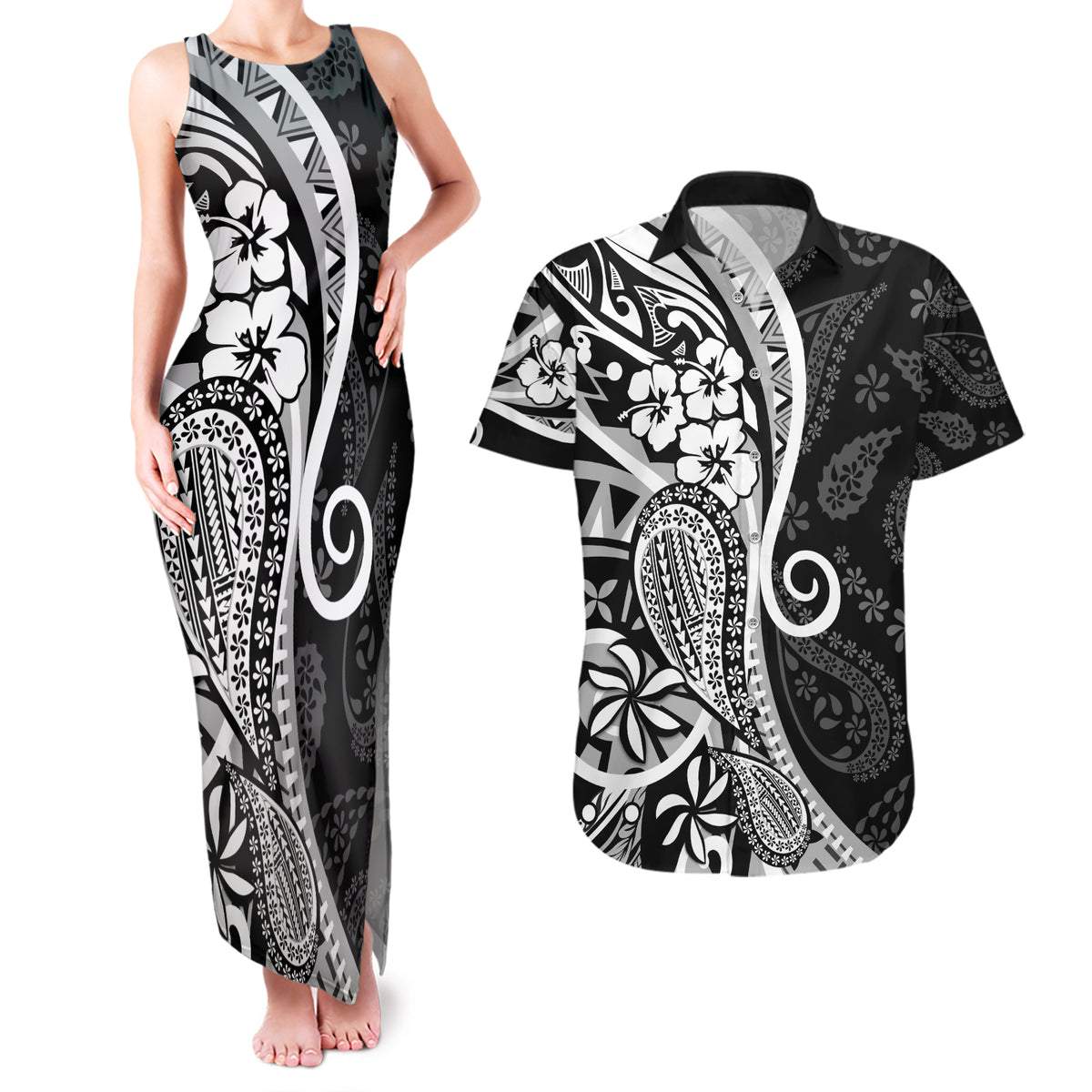 Black Polynesia Paisley Couples Matching Tank Maxi Dress and Hawaiian Shirt Polynesian With Tropical Flowers LT14 Black - Polynesian Pride