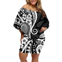 Black Polynesia Paisley Family Matching Off Shoulder Short Dress and Hawaiian Shirt Polynesian With Tropical Flowers LT14 Mom's Dress Black - Polynesian Pride