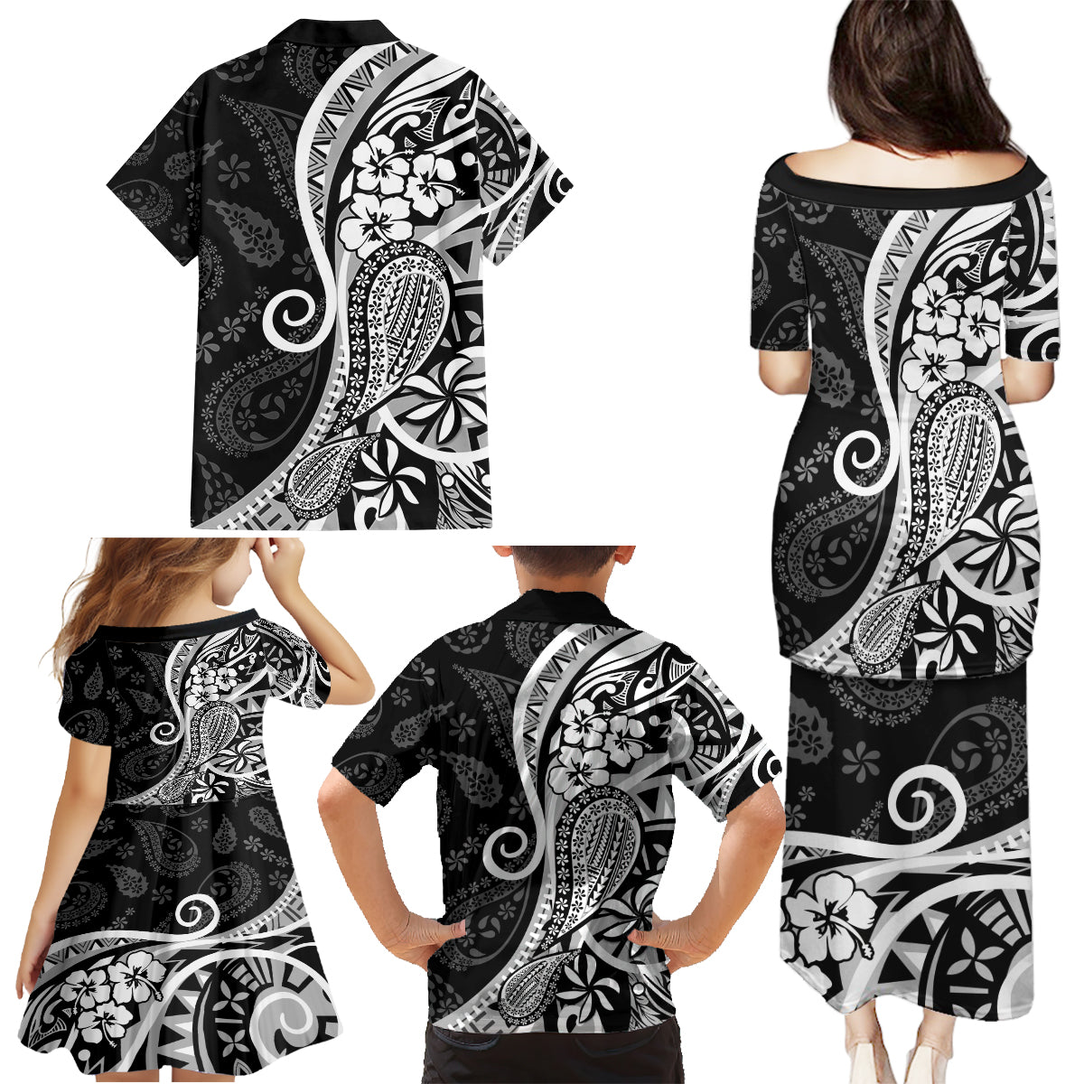 Black Polynesia Paisley Family Matching Puletasi Dress and Hawaiian Shirt Polynesian With Tropical Flowers LT14 - Polynesian Pride