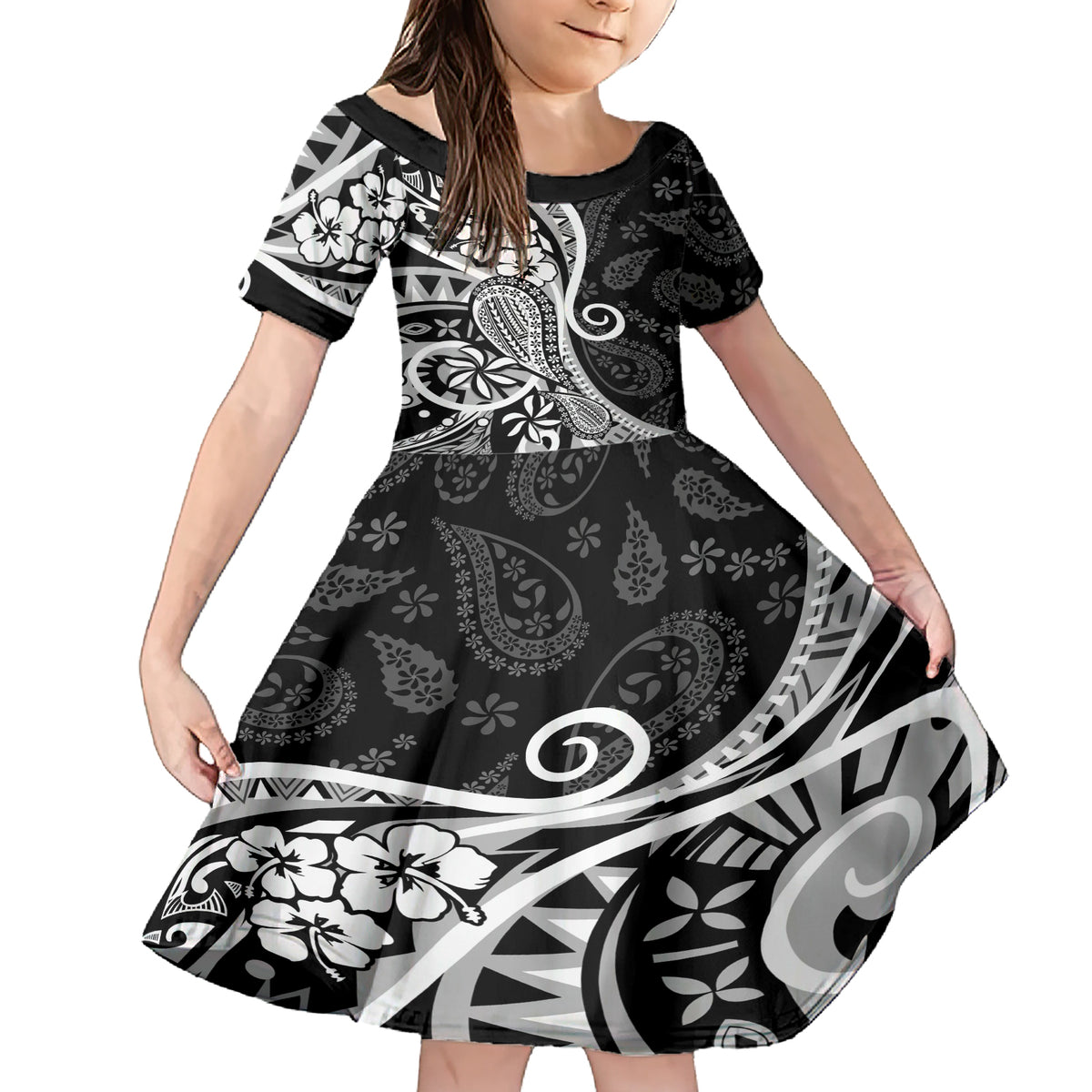 Black Polynesia Paisley Family Matching Short Sleeve Bodycon Dress and Hawaiian Shirt Polynesian With Tropical Flowers LT14 Daughter's Dress Black - Polynesian Pride
