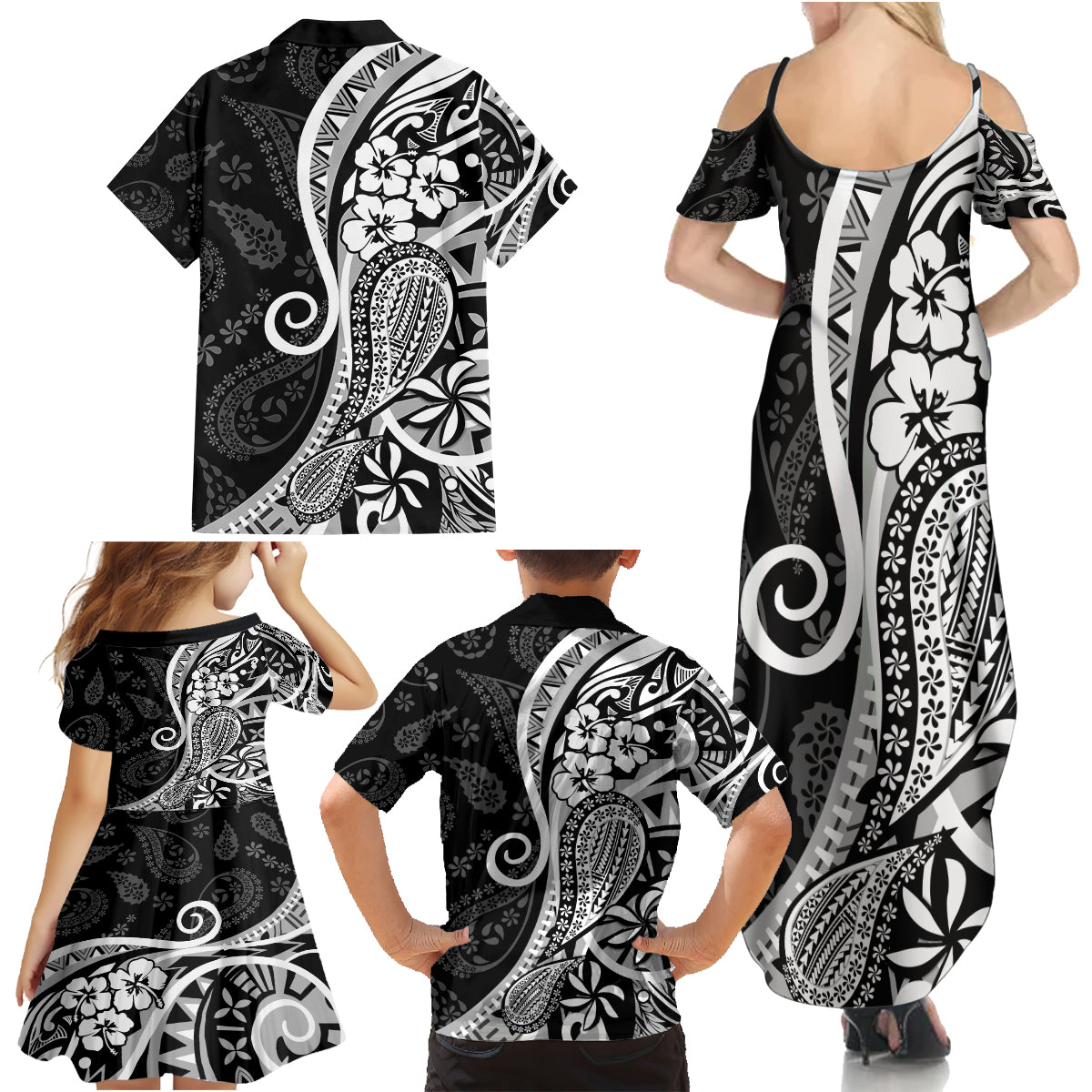 Black Polynesia Paisley Family Matching Summer Maxi Dress and Hawaiian Shirt Polynesian With Tropical Flowers LT14 - Polynesian Pride