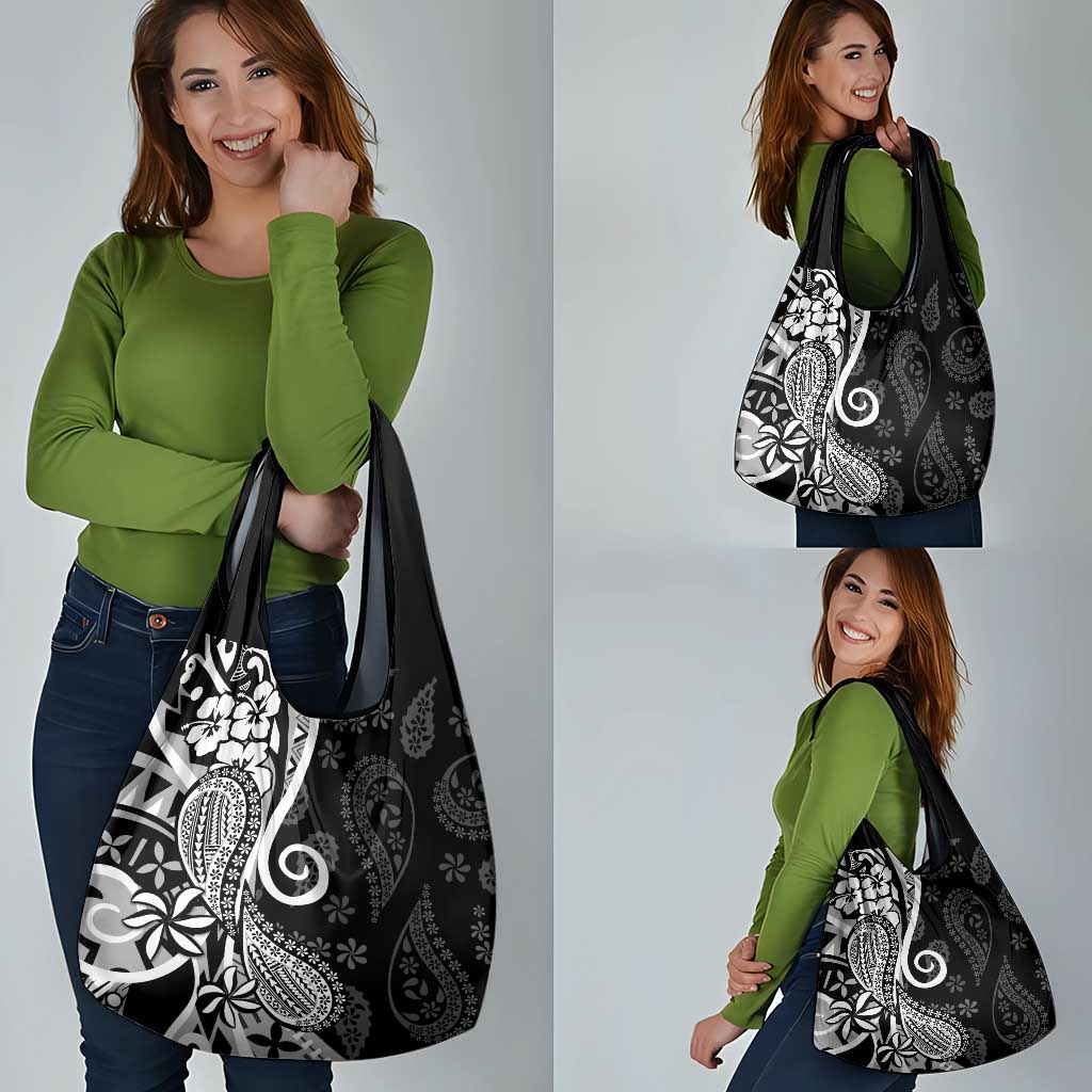 Black Polynesia Paisley Grocery Bag Polynesian With Tropical Flowers