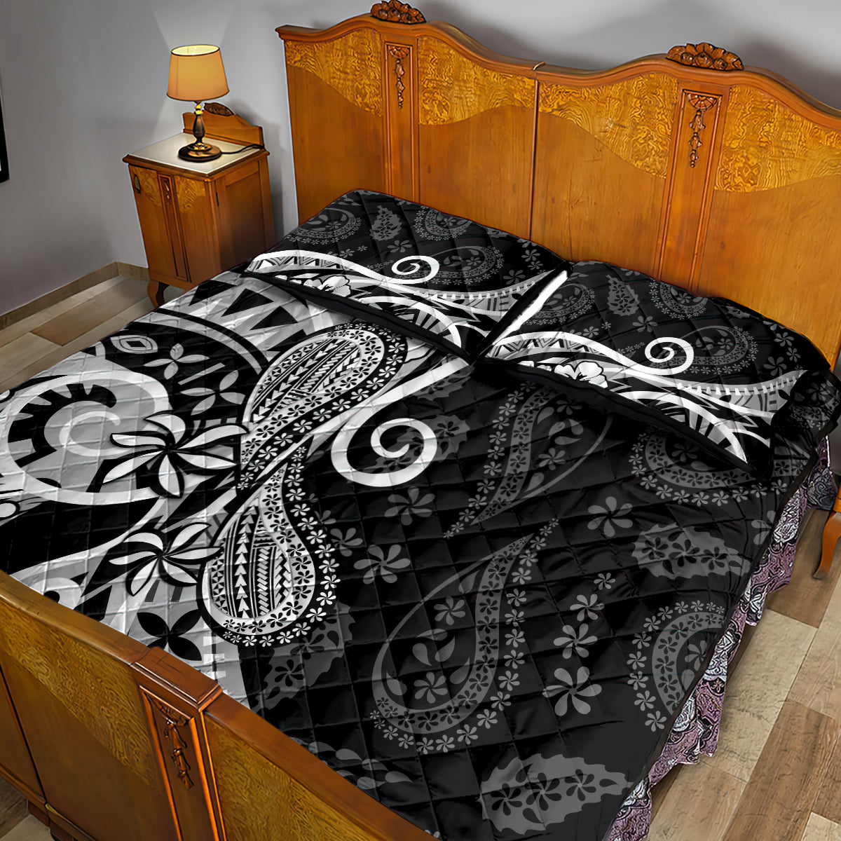 Black Polynesia Paisley Quilt Bed Set Polynesian With Tropical Flowers LT14 - Polynesian Pride