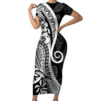 Black Polynesia Paisley Short Sleeve Bodycon Dress Polynesian With Tropical Flowers LT14 Long Dress Black - Polynesian Pride