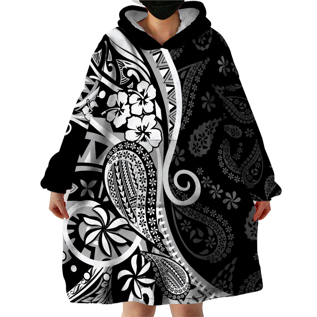 Black Polynesia Paisley Wearable Blanket Hoodie Polynesian With Tropical Flowers LT14 - Polynesian Pride