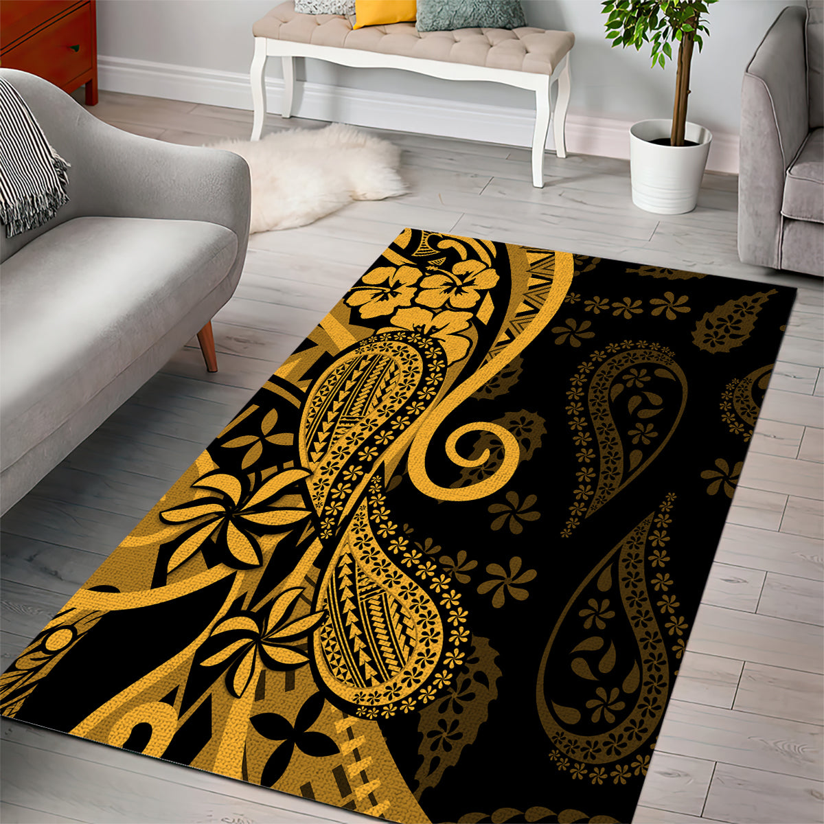 Gold Polynesia Paisley Area Rug Polynesian With Tropical Flowers LT14 - Polynesian Pride