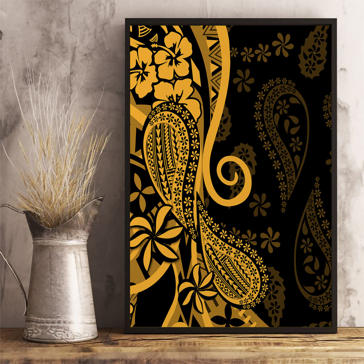 Gold Polynesia Paisley Canvas Wall Art Polynesian With Tropical Flowers LT14 - Polynesian Pride