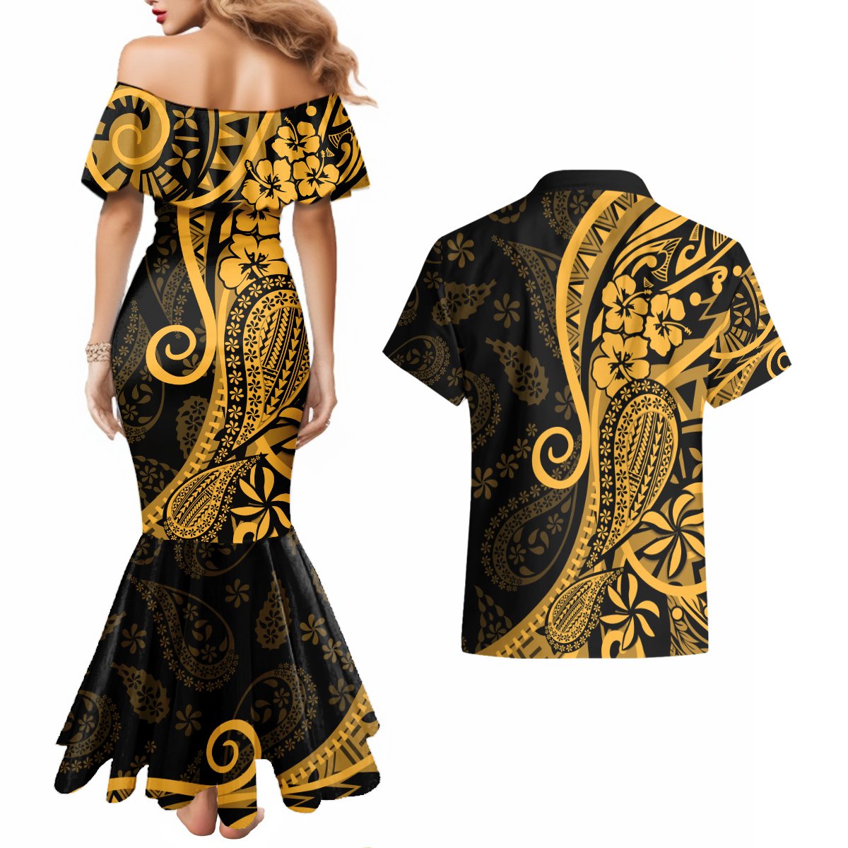 Gold Polynesia Paisley Couples Matching Mermaid Dress and Hawaiian Shirt Polynesian With Tropical Flowers LT14 - Polynesian Pride