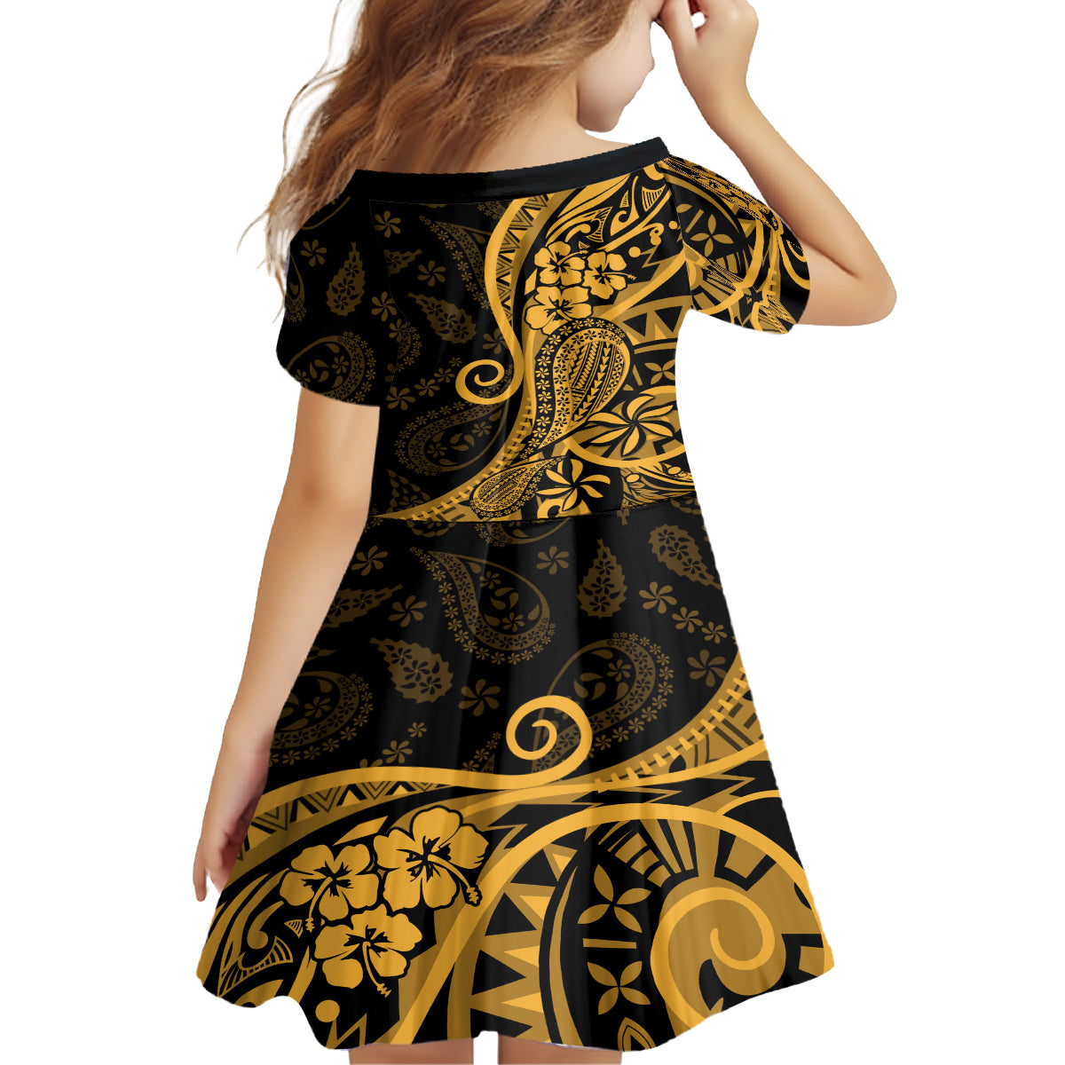 Gold Polynesia Paisley Family Matching Off Shoulder Short Dress and Hawaiian Shirt Polynesian With Tropical Flowers LT14 - Polynesian Pride
