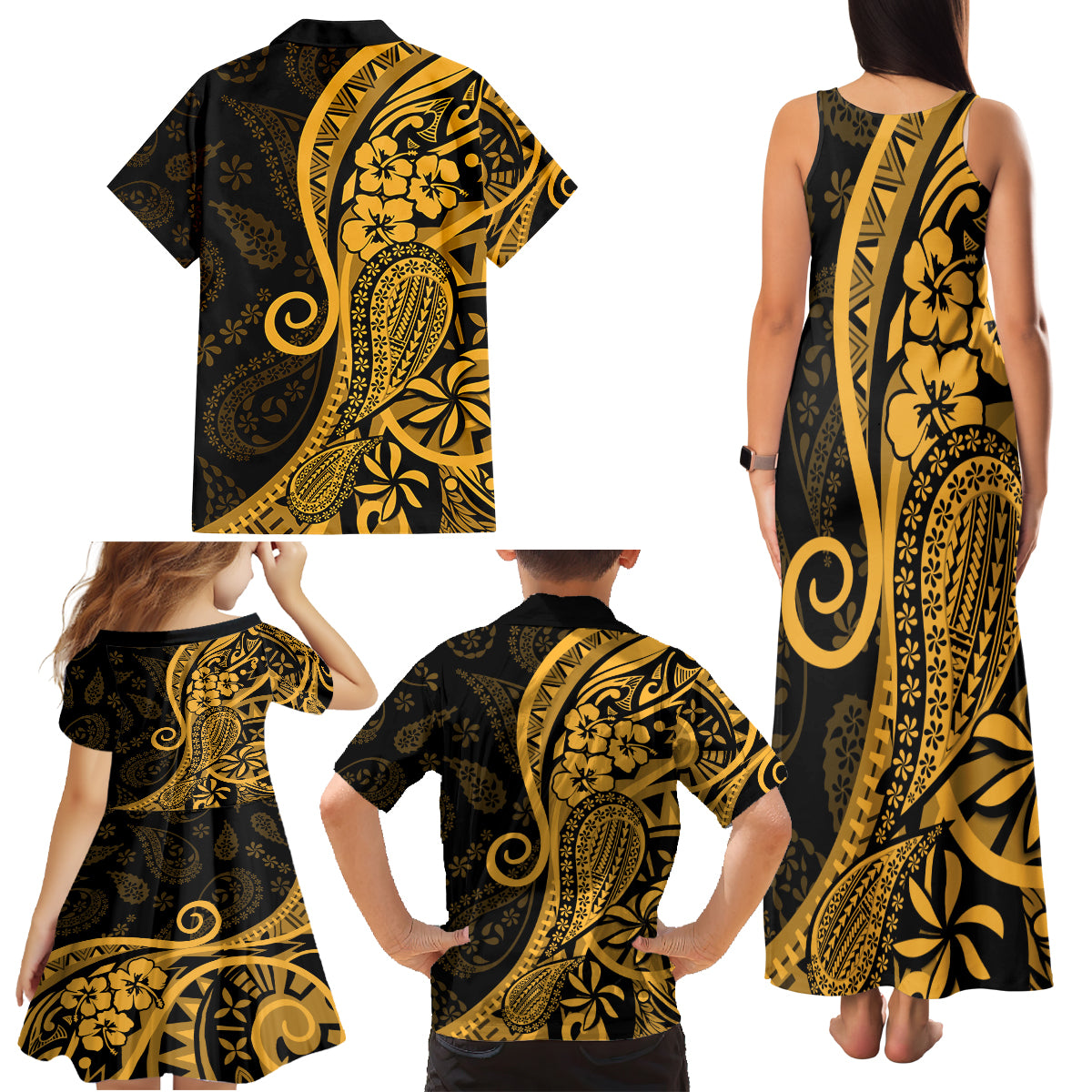 Gold Polynesia Paisley Family Matching Tank Maxi Dress and Hawaiian Shirt Polynesian With Tropical Flowers LT14 - Polynesian Pride