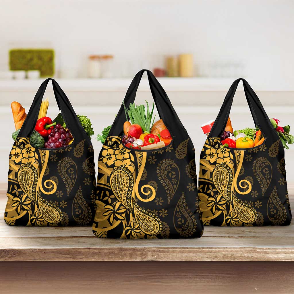 Gold Polynesia Paisley Grocery Bag Polynesian With Tropical Flowers