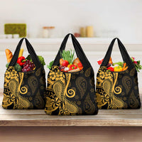Gold Polynesia Paisley Grocery Bag Polynesian With Tropical Flowers