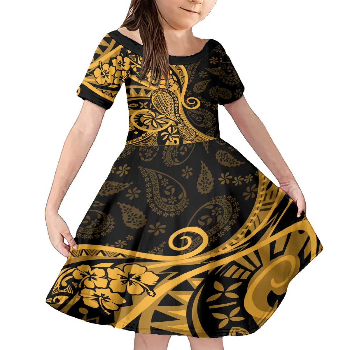 Gold Polynesia Paisley Kid Short Sleeve Dress Polynesian With Tropical Flowers LT14 KID Gold - Polynesian Pride