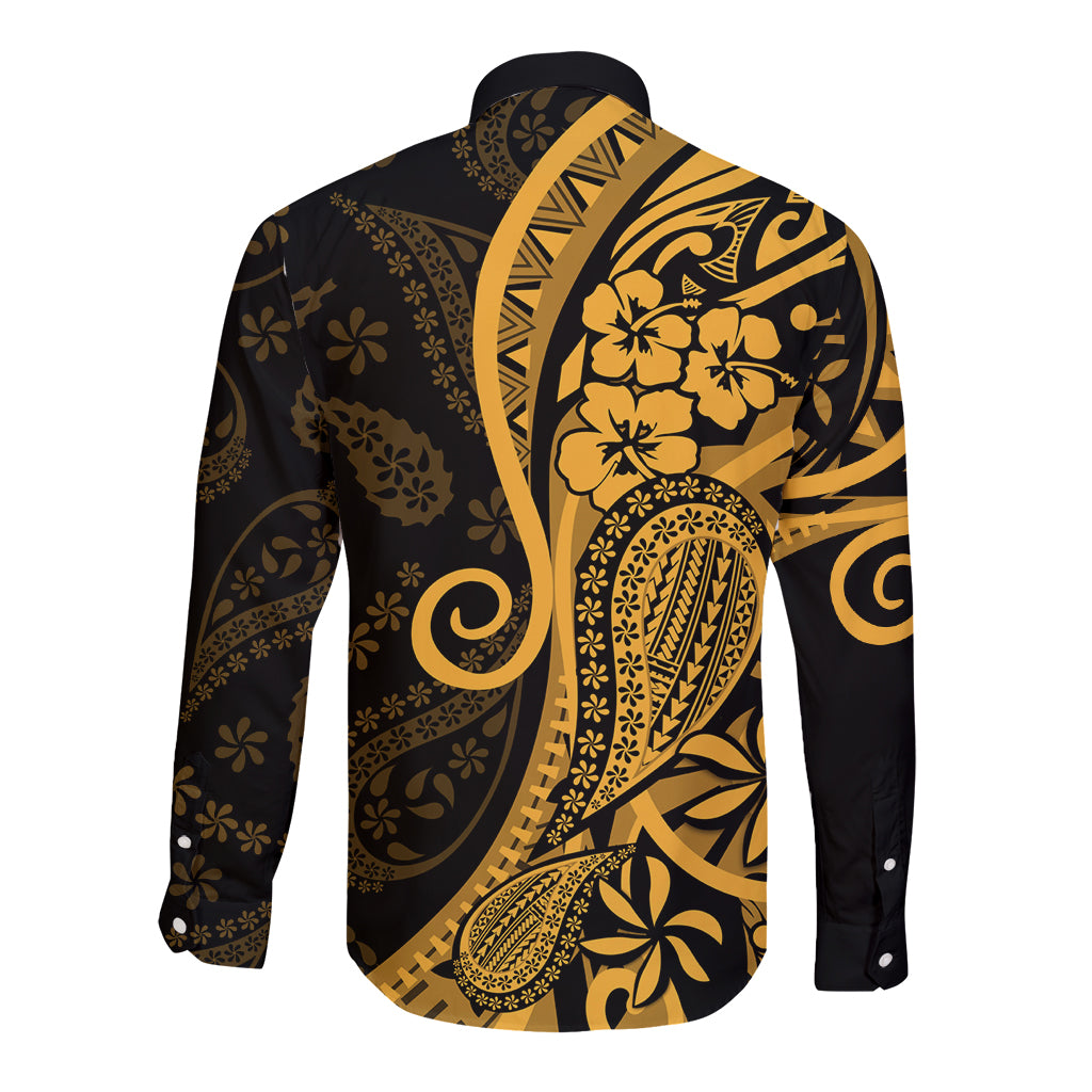 Gold Polynesia Paisley Long Sleeve Button Shirt Polynesian With Tropical Flowers LT14 - Polynesian Pride