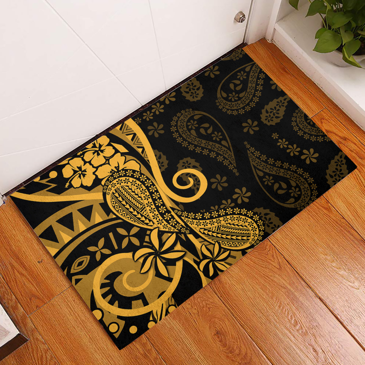 Gold Polynesia Paisley Rubber Doormat Polynesian With Tropical Flowers LT14 Gold - Polynesian Pride