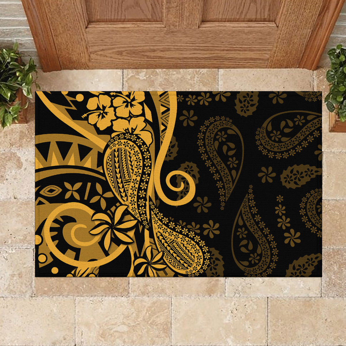Gold Polynesia Paisley Rubber Doormat Polynesian With Tropical Flowers LT14 - Polynesian Pride