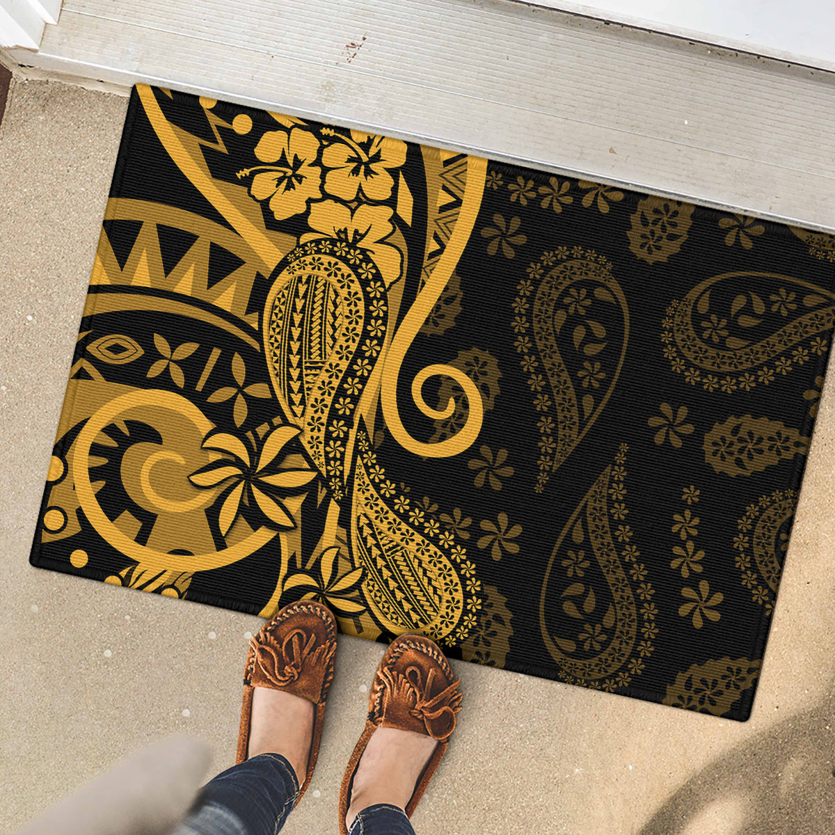Gold Polynesia Paisley Rubber Doormat Polynesian With Tropical Flowers LT14 - Polynesian Pride