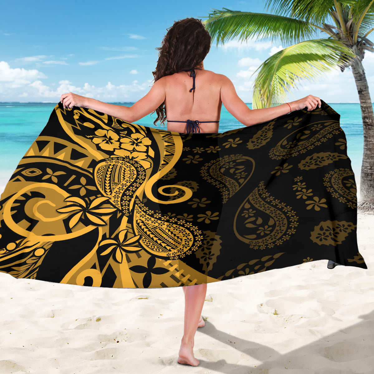 Gold Polynesia Paisley Sarong Polynesian With Tropical Flowers LT14 - Polynesian Pride