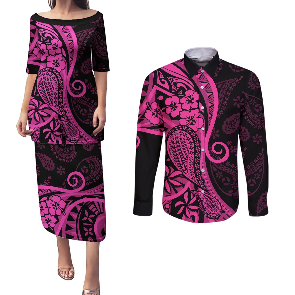 Pink Polynesia Paisley Couples Matching Puletasi Dress and Long Sleeve Button Shirt Polynesian With Tropical Flowers LT14 Pink - Polynesian Pride