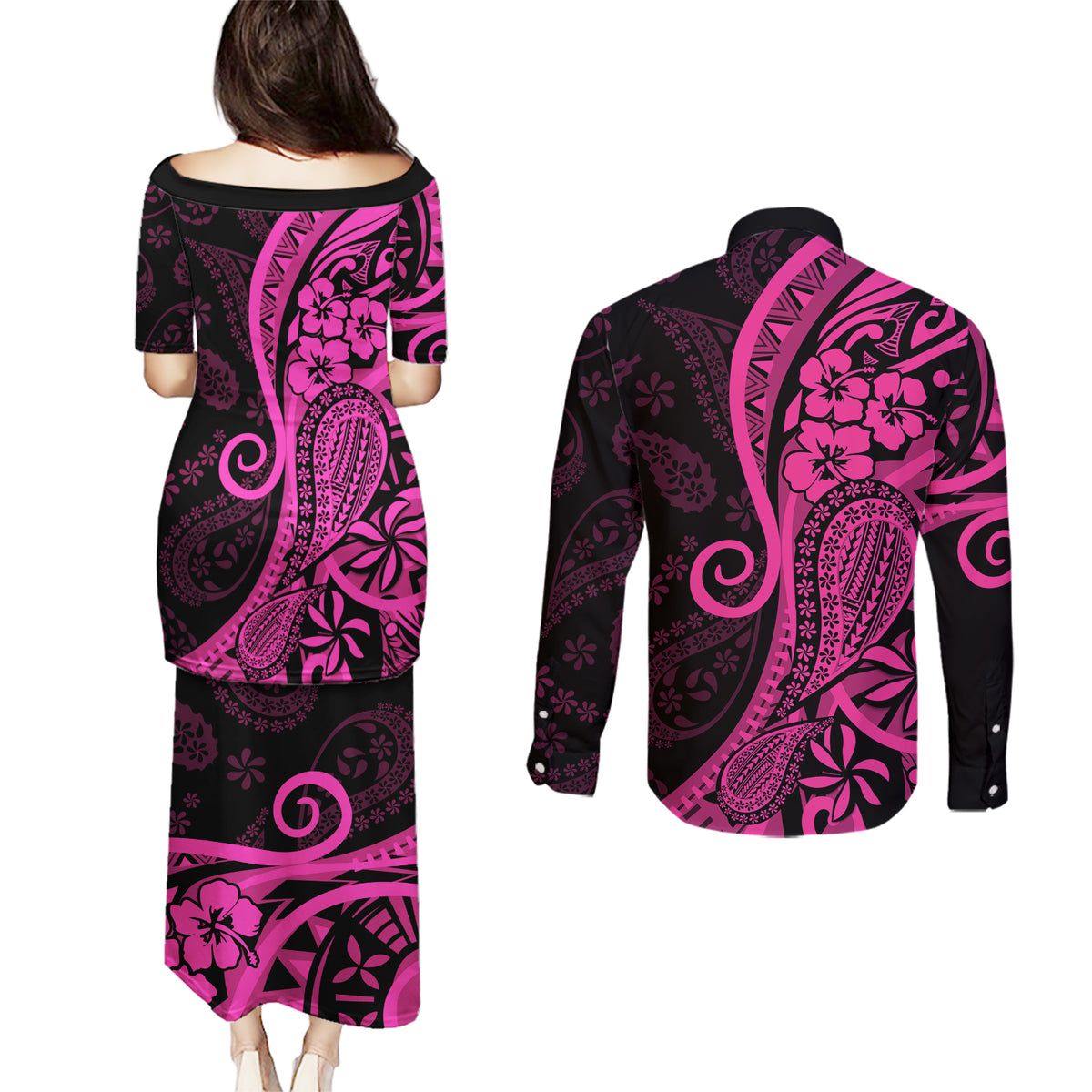 Pink Polynesia Paisley Couples Matching Puletasi Dress and Long Sleeve Button Shirt Polynesian With Tropical Flowers LT14 - Polynesian Pride