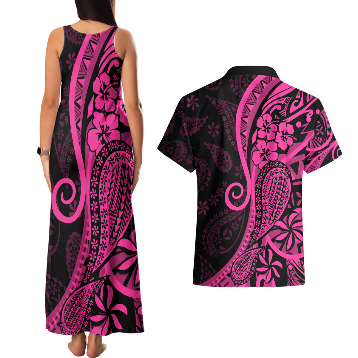 Pink Polynesia Paisley Couples Matching Tank Maxi Dress and Hawaiian Shirt Polynesian With Tropical Flowers LT14 - Polynesian Pride