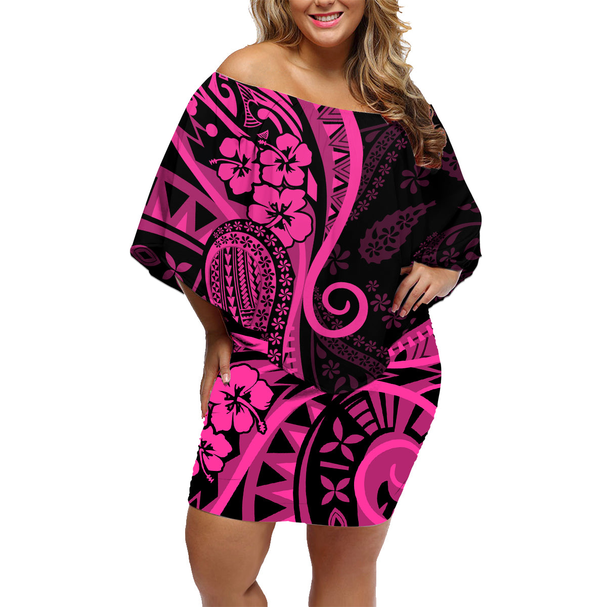 Pink Polynesia Paisley Family Matching Off Shoulder Short Dress and Hawaiian Shirt Polynesian With Tropical Flowers LT14 Mom's Dress Pink - Polynesian Pride