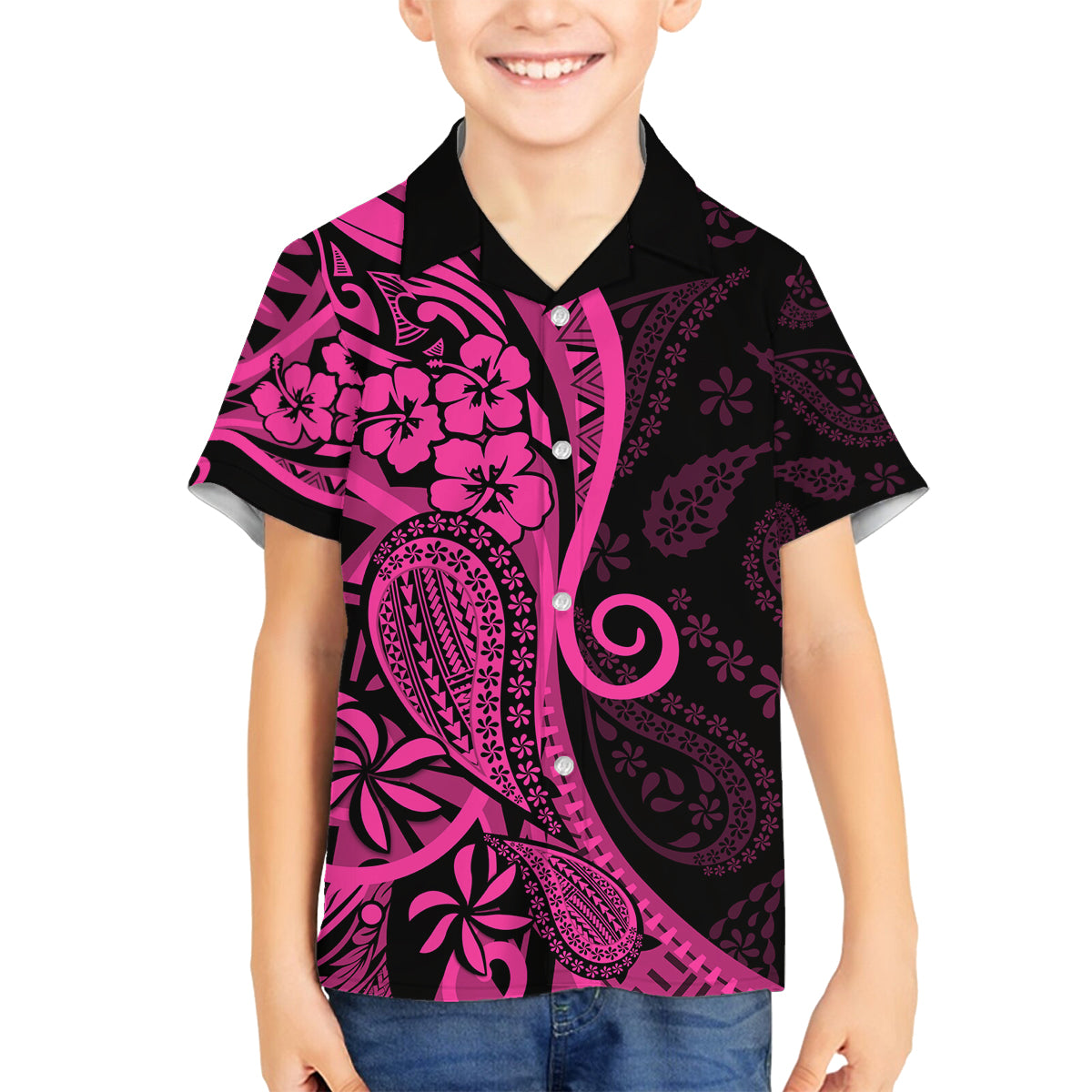 Pink Polynesia Paisley Family Matching Puletasi Dress and Hawaiian Shirt Polynesian With Tropical Flowers LT14 Son's Shirt Pink - Polynesian Pride