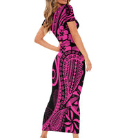 Pink Polynesia Paisley Short Sleeve Bodycon Dress Polynesian With Tropical Flowers LT14 - Polynesian Pride