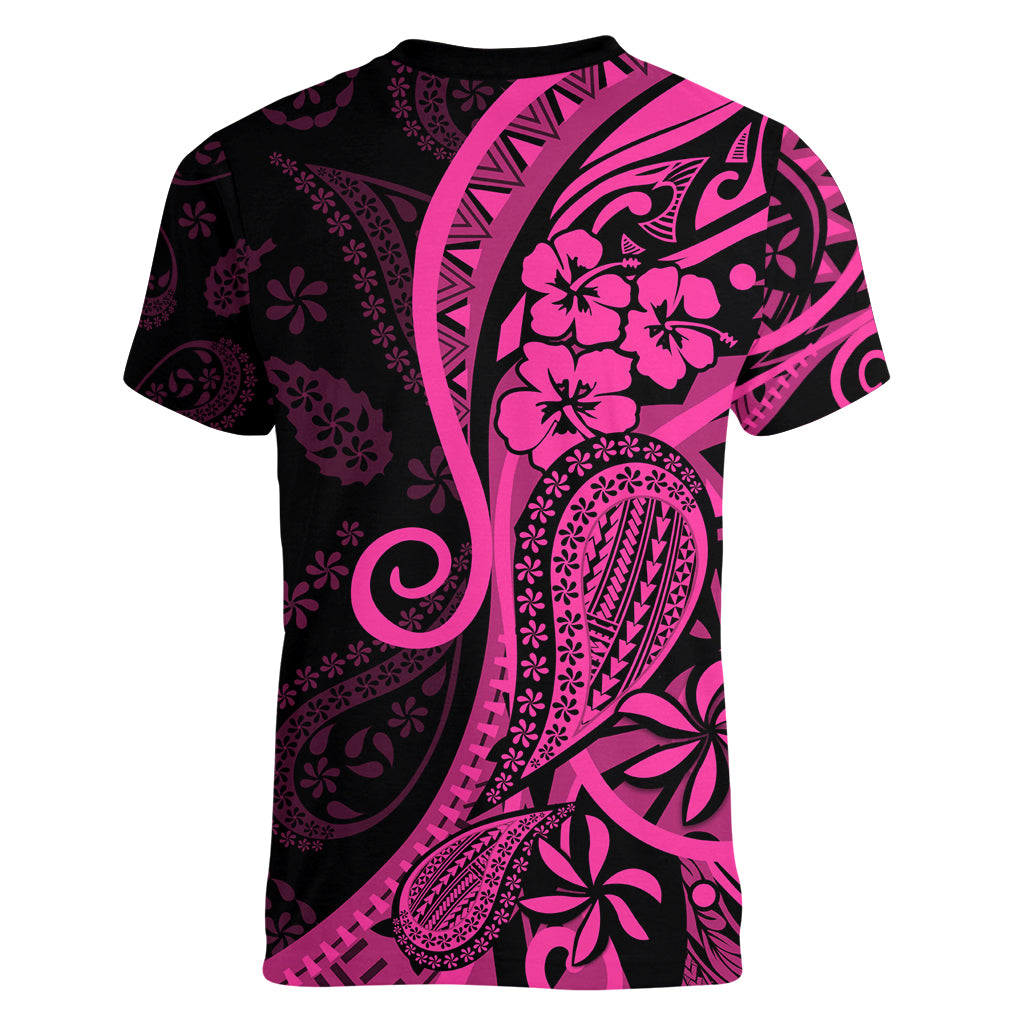 Pink Polynesia Paisley Women V Neck T Shirt Polynesian With Tropical Flowers LT14 - Polynesian Pride