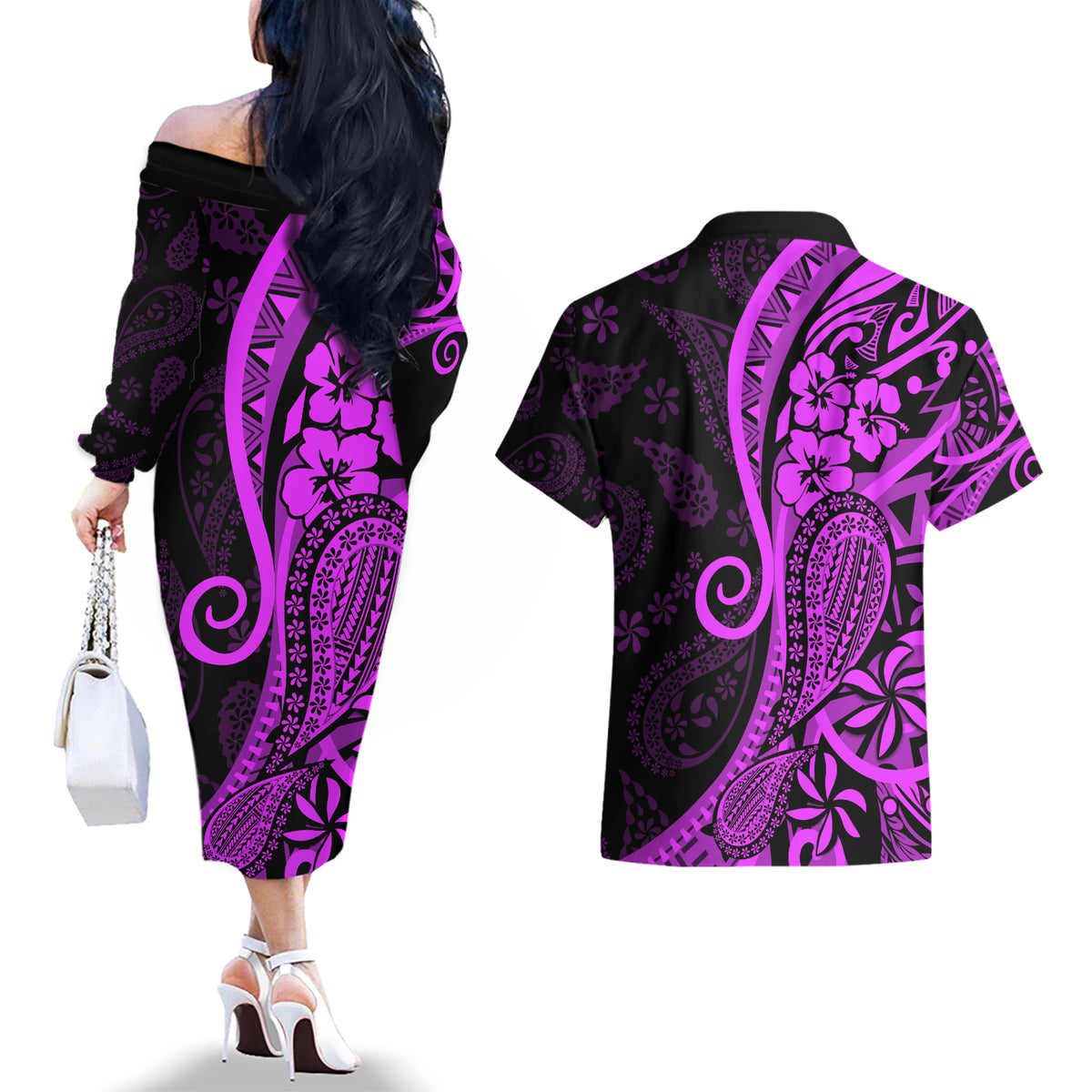 Polynesia Paisley Couples Matching Off The Shoulder Long Sleeve Dress and Hawaiian Shirt Polynesian With Tropical Flowers - Purple LT14 - Polynesian Pride