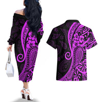 Polynesia Paisley Couples Matching Off The Shoulder Long Sleeve Dress and Hawaiian Shirt Polynesian With Tropical Flowers - Purple LT14 - Polynesian Pride