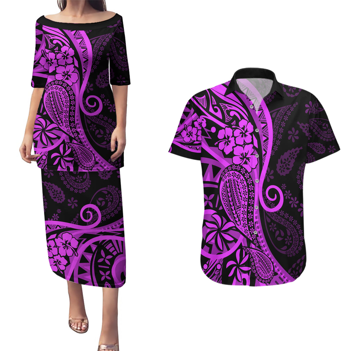 Polynesia Paisley Couples Matching Puletasi Dress and Hawaiian Shirt Polynesian With Tropical Flowers - Purple LT14 Purple - Polynesian Pride