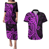 Polynesia Paisley Couples Matching Puletasi Dress and Hawaiian Shirt Polynesian With Tropical Flowers - Purple LT14 Purple - Polynesian Pride