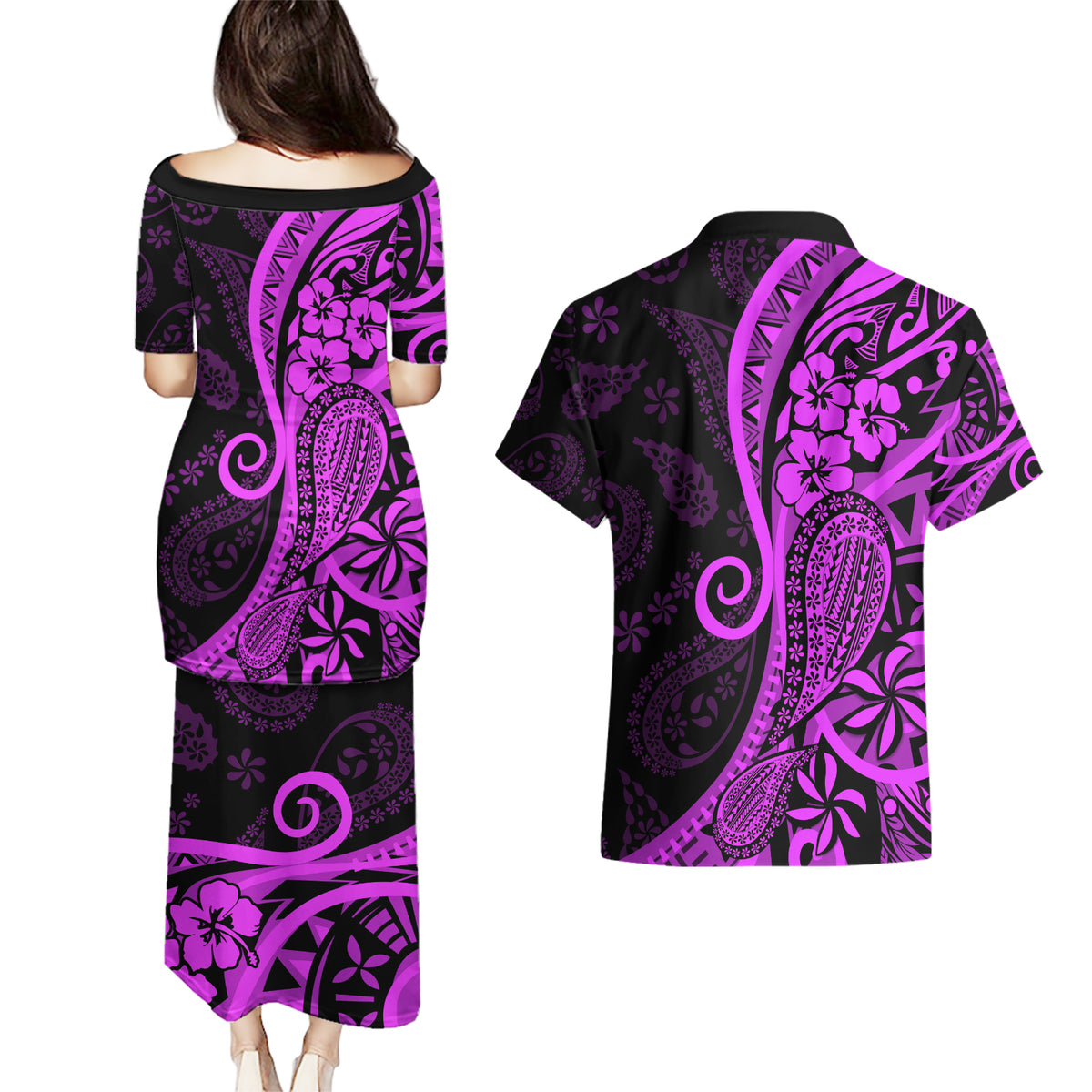 Polynesia Paisley Couples Matching Puletasi Dress and Hawaiian Shirt Polynesian With Tropical Flowers - Purple LT14 - Polynesian Pride