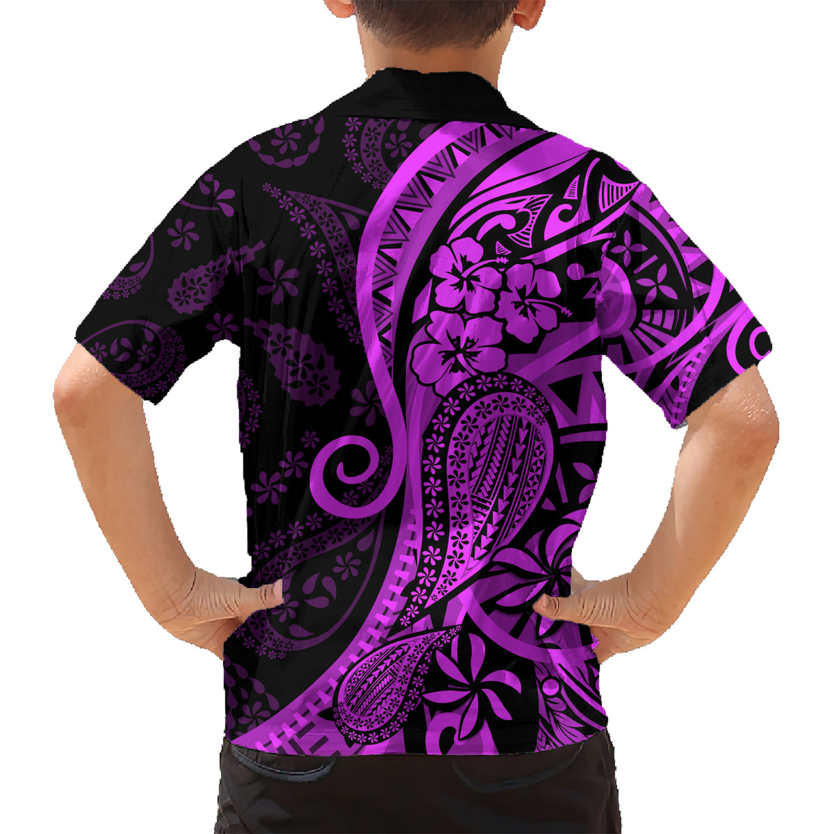 Polynesia Paisley Family Matching Short Sleeve Bodycon Dress and Hawaiian Shirt Polynesian With Tropical Flowers - Purple LT14 - Polynesian Pride