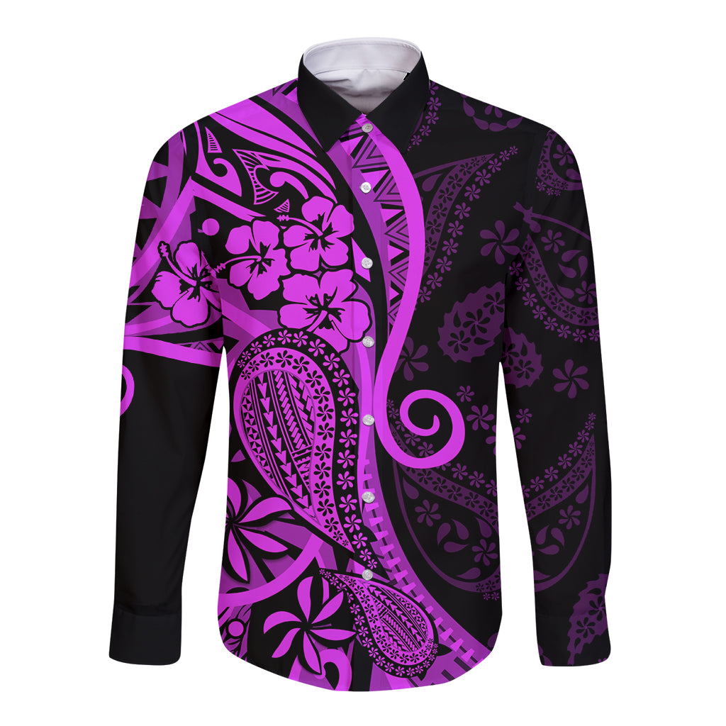 Polynesia Paisley Long Sleeve Button Shirt Polynesian With Tropical Flowers - Purple LT14 Unisex Purple - Polynesian Pride