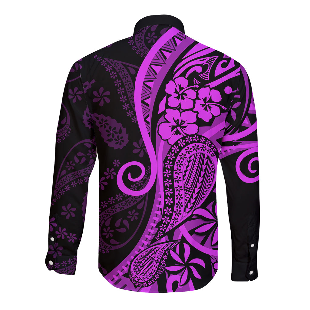 Polynesia Paisley Long Sleeve Button Shirt Polynesian With Tropical Flowers - Purple LT14 - Polynesian Pride